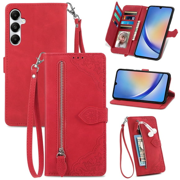 SYITOOCK Phone Case for Samsung Galaxy A35 5G, Shockproof PU Leather Wallet Case with Card Slots Anti-Scratch Stand Magnetic Flip Zipper Pocket Cover for Samsung Galaxy A35 5G, Red