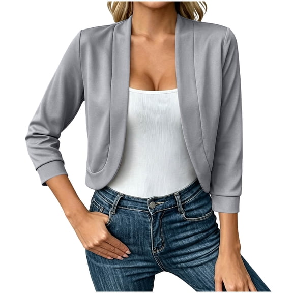 QIYAGBSA Women Cropped Cardigan Open Front Long Sleeve Relaxed Fit Casual Shrug Top (Gray, L)