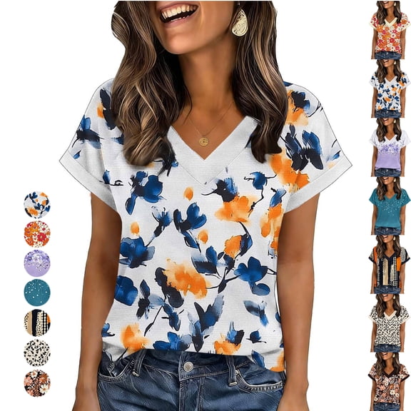 Inverlee Womens Summer Printed Shirts Boho Trendy V Neck Short Sleeve Floral Casual Tops Daily Loose Fit Comfortable Blouses Yellow XXL