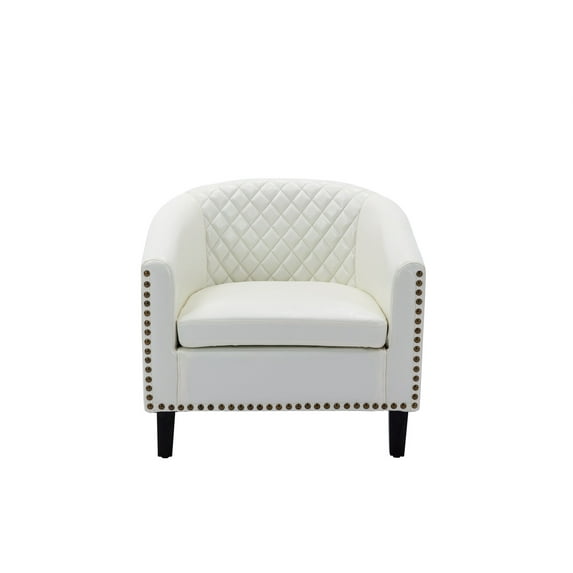 Accent Barrel Chair, Upholstered Accent Arm Chair Leisure Barrel Chair with Nailheads & Solid Wood Legs, Comfy Single Sofa Guest Chatting Chair for Living Room Bedroom Office, PU Leather, White