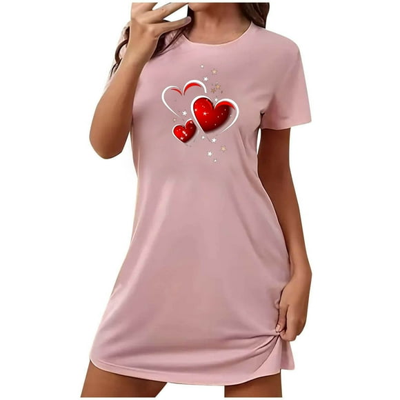 JIUKE Womens Nightgown Short Sleeve Nightdress Cute Printed Crew Neck Knee Length Nightshirts Sleepwear