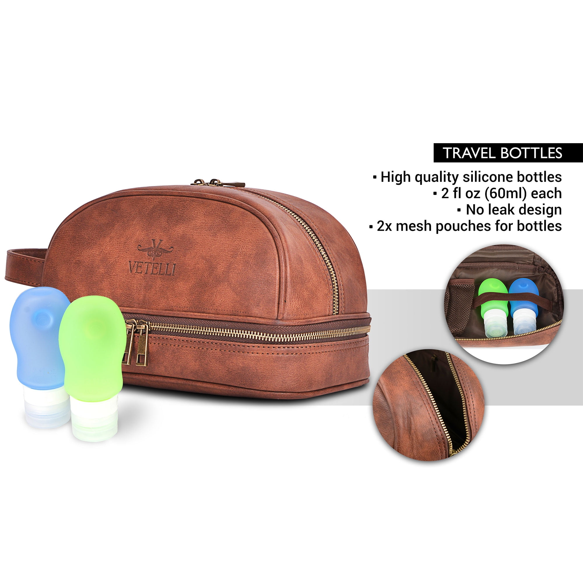 Vetell Classic Leather Travel Toiletry Bag and Dopp Kit with 2 Compartments