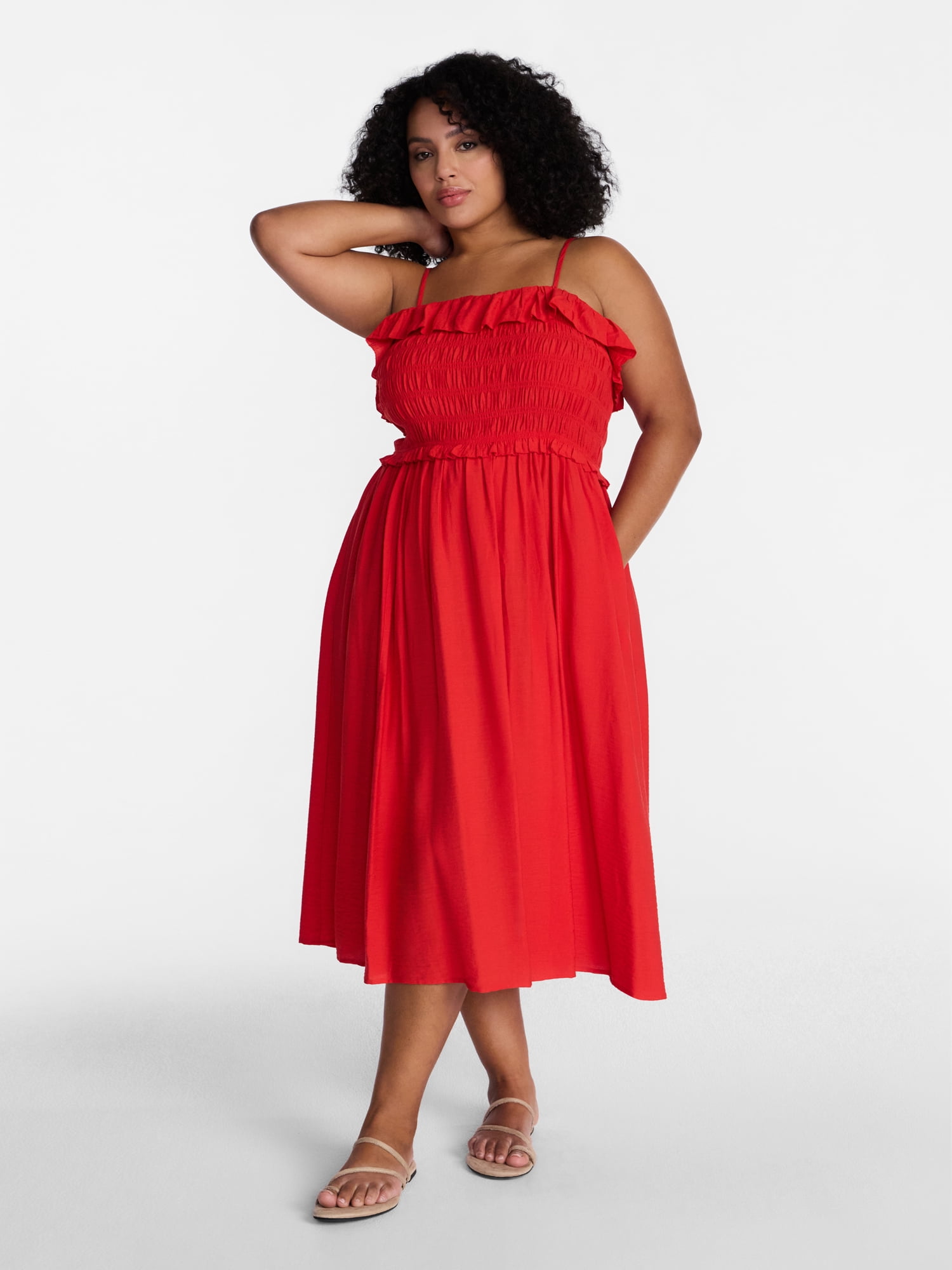 Time and Tru Women's Sleeveless Smocked Midi Dress, Sizes XS-XXXL