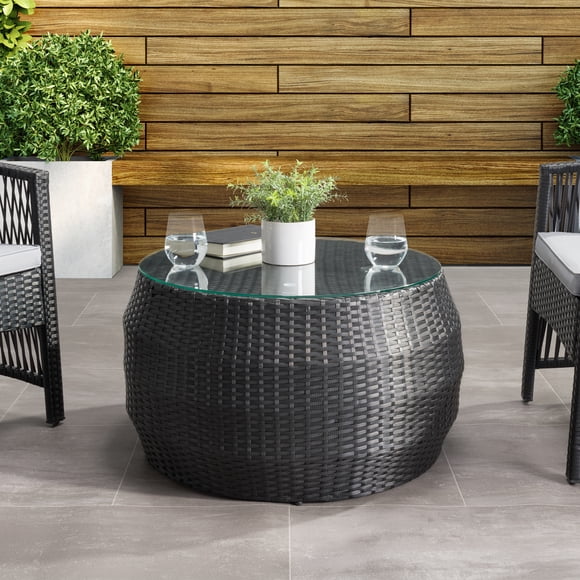 CorLiving Parksville Resin Wicker and Steel Round Outdoor Coffee Table with Tempered Glass Top, Black