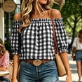 thumbnail image 5 of Setooff Womens Shirts, Gingham Off Shoulder Bubble Sleeve Shirts for Women, Elastic Ruffle Neck Loose Casual Summer Blouse, 5 of 7
