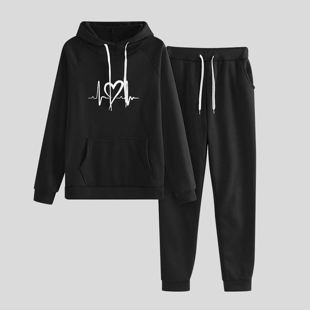 DPTALR Women's Casual Printed Hooded Drawstring Loose Long Sleeve Sweatshirt Tops And Long Pants Set Suits