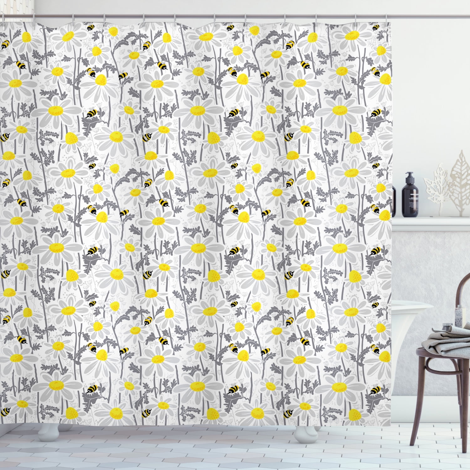 Yellow Shower Curtain, Pattern with Bees and Chamomile Daisy Flowers in Flourishing Meadow