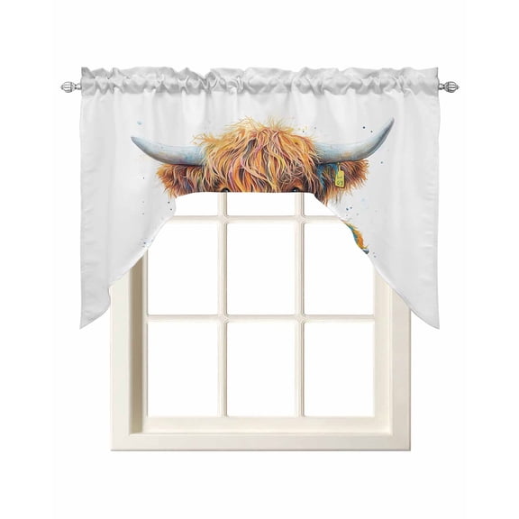 Highland Cattle Swag Valance and Tier Curtains Set Farmhouse Cow Funny Animal Kitchen Curtains 3 Piece Set Rod Pocket Panels for Bedroom Cafe 56x36 inch
