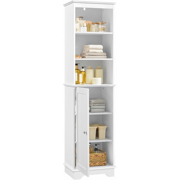 Themis Tall Slim Storage Cabinet with 3 Shelves & Door, Freestanding Linen Cabinet for Bathroom, Living Room, Entryway, 16 x 12 x 60.5 Inches, White