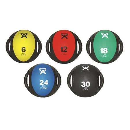 CanDo Dual Handle Medicine Ball, 9" Diameter, 5 Piece Set, Yellow/Red/Green/Blue/Black