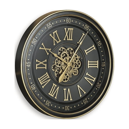 Signature Design by Ashley Dairton Wall Clock, Black & Gold Finish, Industrial Gear Design, Roman Numerals, 32-Inch Round