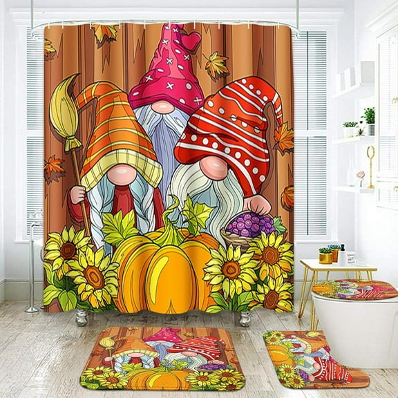 Autumn Bathroom Sets with Shower Curtain and Rugs and Accessories, Chrysanthemum Wood Vintage Orange Shower Curtain Sets, Fall Pumpkins Floral Shower Curtains for Bathroom Decor 4 Pcs