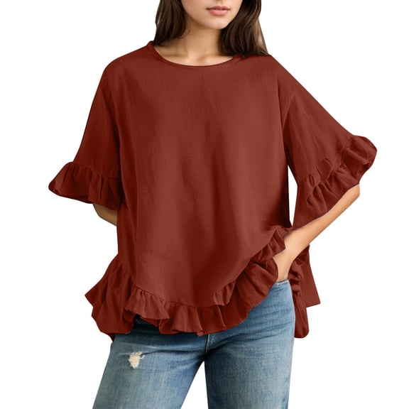 Womens Tops Casual T Shirts Solid Color Linen Loose Fit Ruffled Round Neck Short Sleeve Button Up Blouse Fashion Clothing