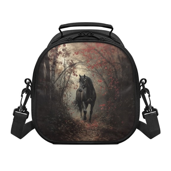 Uourmeti Black Horse Large Capacity Insulated Lunch Tote Bag, Mesh Pocket Durable Kids Lunch Bag, Adjustable Crossbody Strap Kids Insulated Lunch Bag