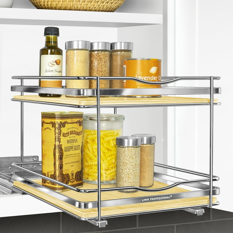 Lynk Professional Elite Pull Out Spice Rack Organizer for Cabinet, 4-1/4 in. Wide, Double, Wood-Chrome, Silver