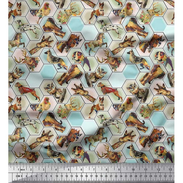 Soimoi Moss Georgette Fabric Geometric,Bird & Animals Patchwork Printed Craft Fabric by The Yard 42 Inch Wide