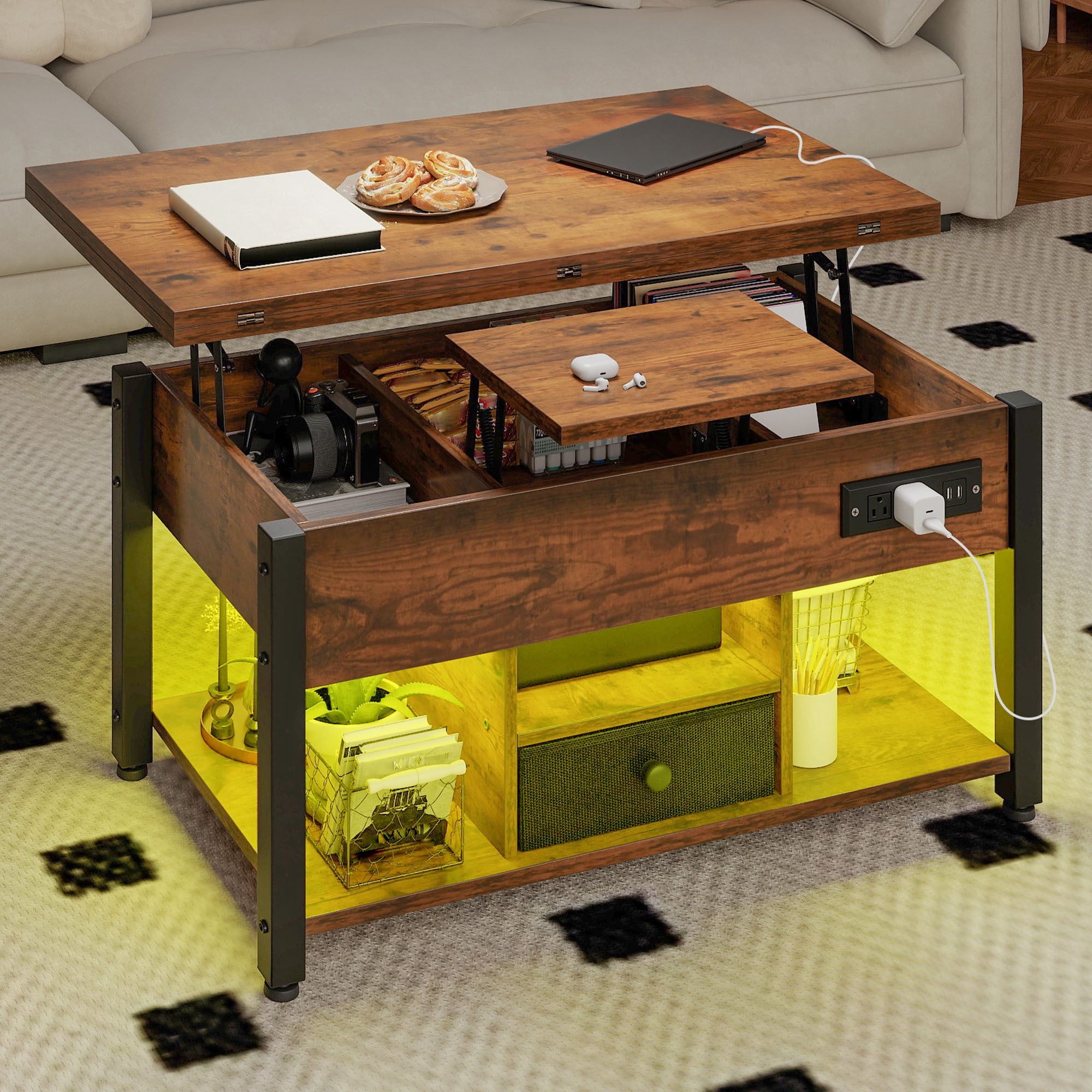 Uforic 4-in-1 Lift Top Coffee Table with RGB Light, Storage, Power Outlets, Dual Tops, Brown