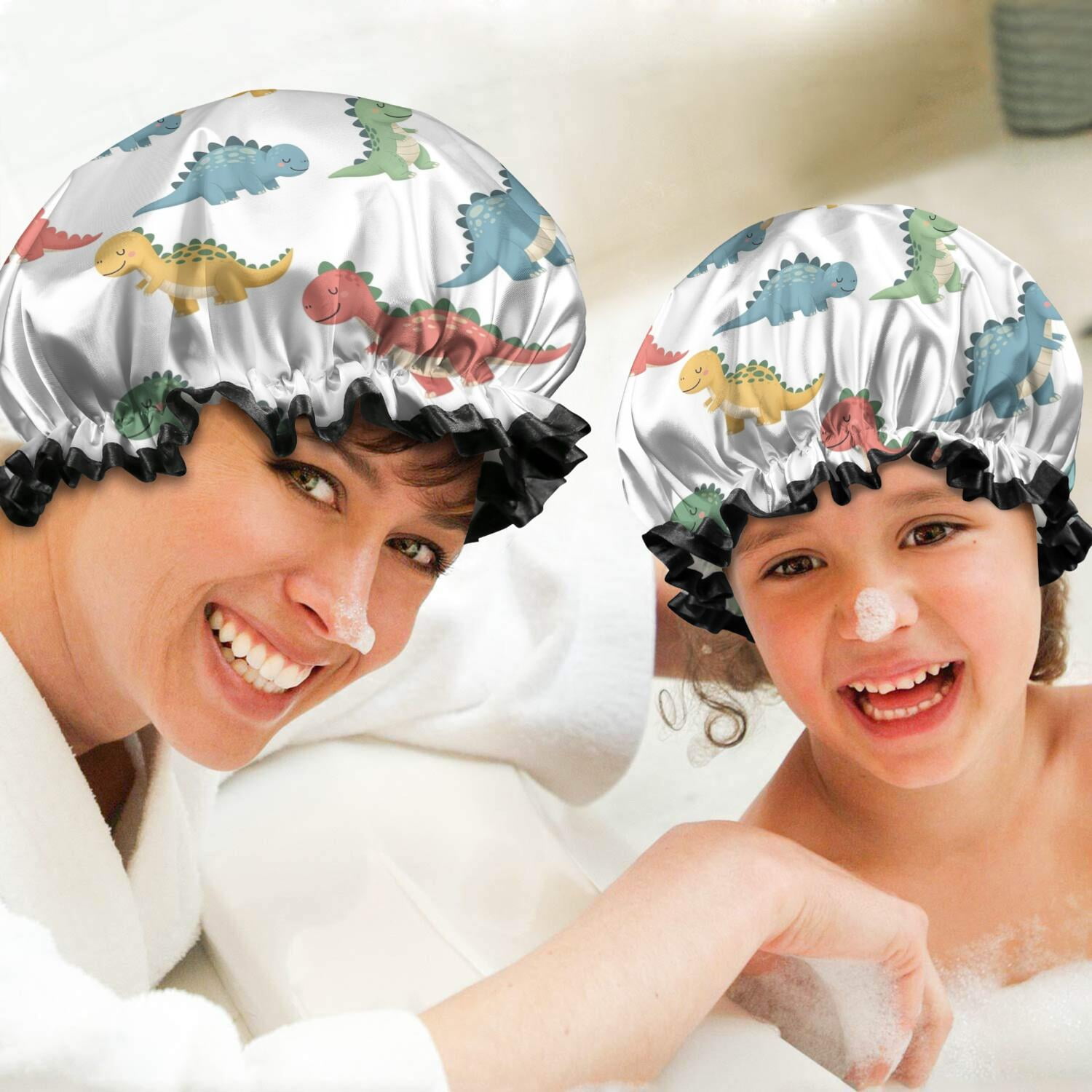 Shower Caps,White Cartoon Dinosaurs Pattern Waterproof Shower Cap for Women 4 Pieces,Double Reusable Hair Cover for Shower PEVA Elastic Stretch Hem