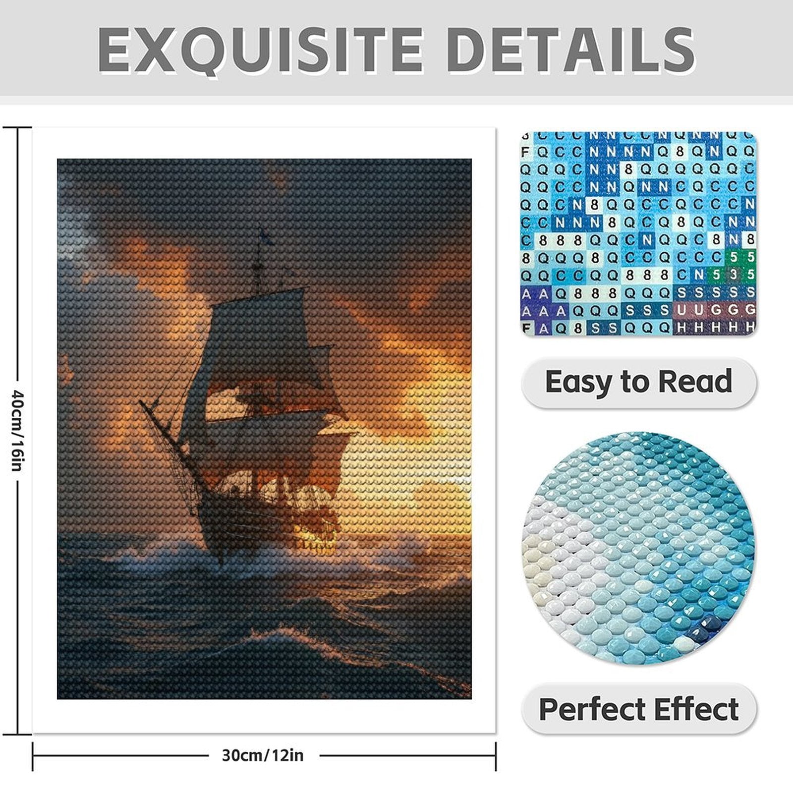 Diamond Art Kit for Adults, Sunset Voyage Tall Ship Ocean Waves Diamond Painting for Adults Beginners, 5D DIY Diamond Art Painting Kits, Colorful Diamond Painting Craft for Home Decor 12x16 Frameless