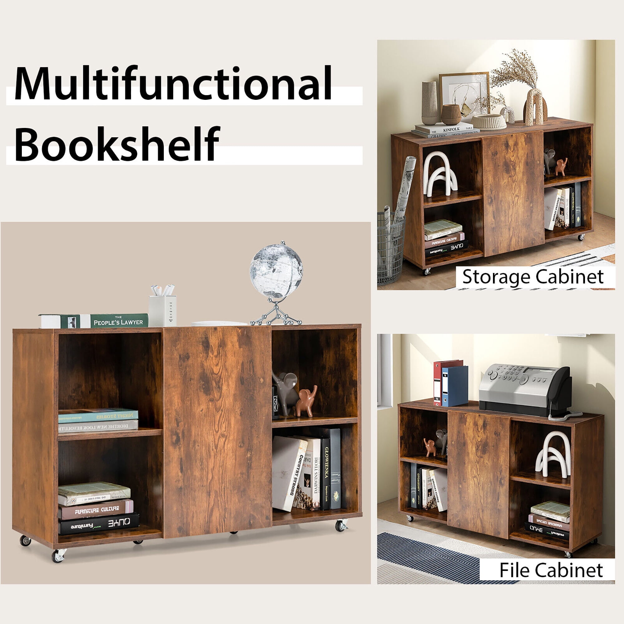 Gymax 3-Tier Wood Bookcase 6 Cube Bookshelf w/ Door Wheels Display Cabinet Rustic Brown