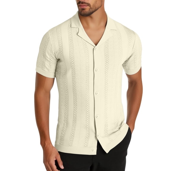 Men's Knit Button Down Shirt Short Sleeve Vintage Shirts Breathable Summer Beach Tops