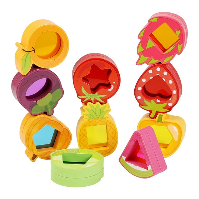 Bloques apilables de madera: juguete sensorial para que niños y niñas reconozcan las formas y los colores de frutas y verduras; entrenamiento del equi