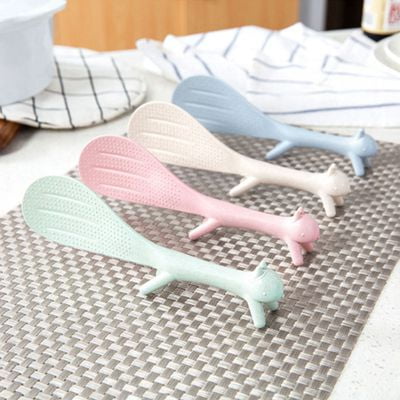 RMISODO 4 Pieces Creative Non-Stick Rice Paddle Spoon Wheat Straw Cat Shaped Standing Rice Spoon Scoop Shovel for Home Kitchen