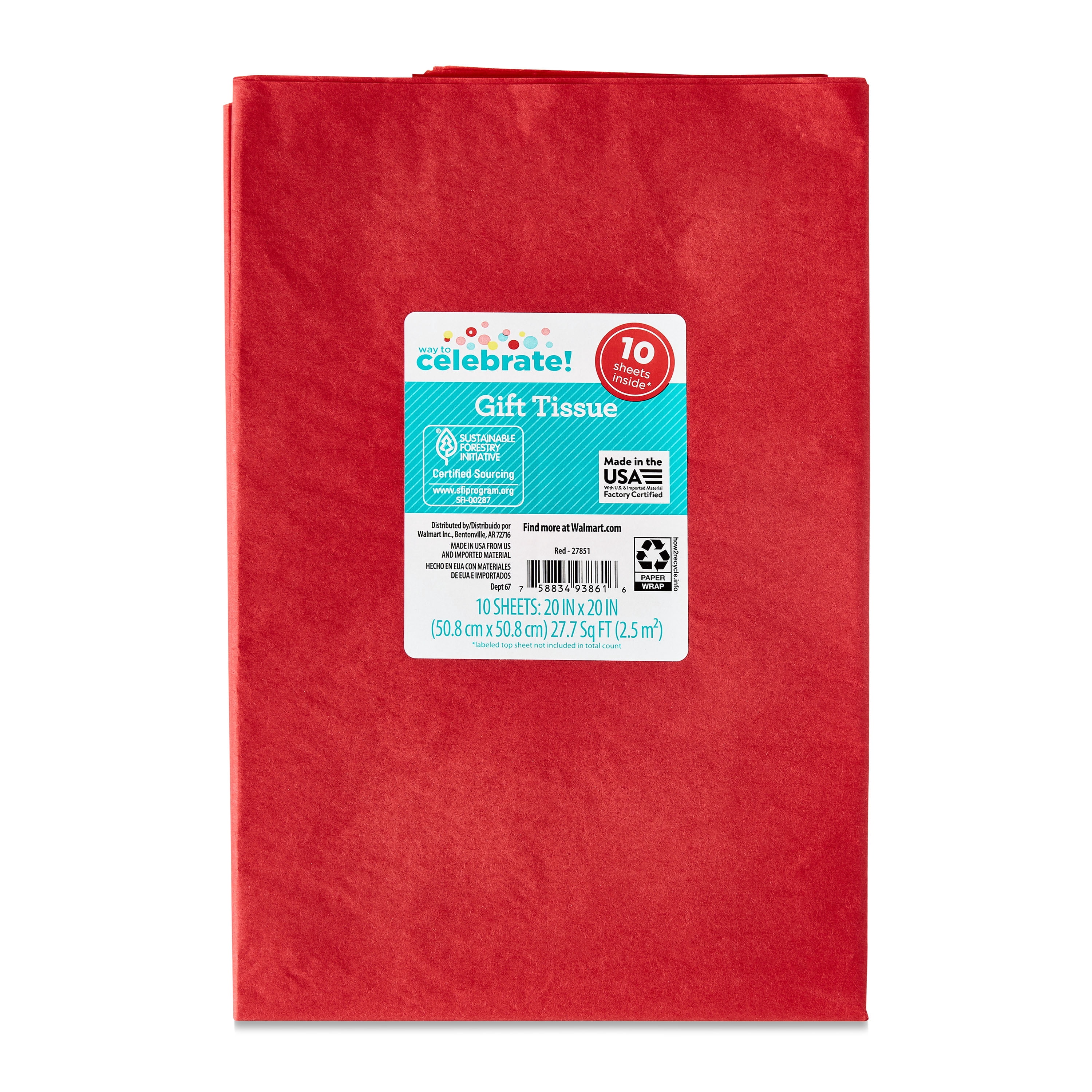 Way To Celebrate Red Tissue Paper, 10 Count, Gift Wrap Tissue