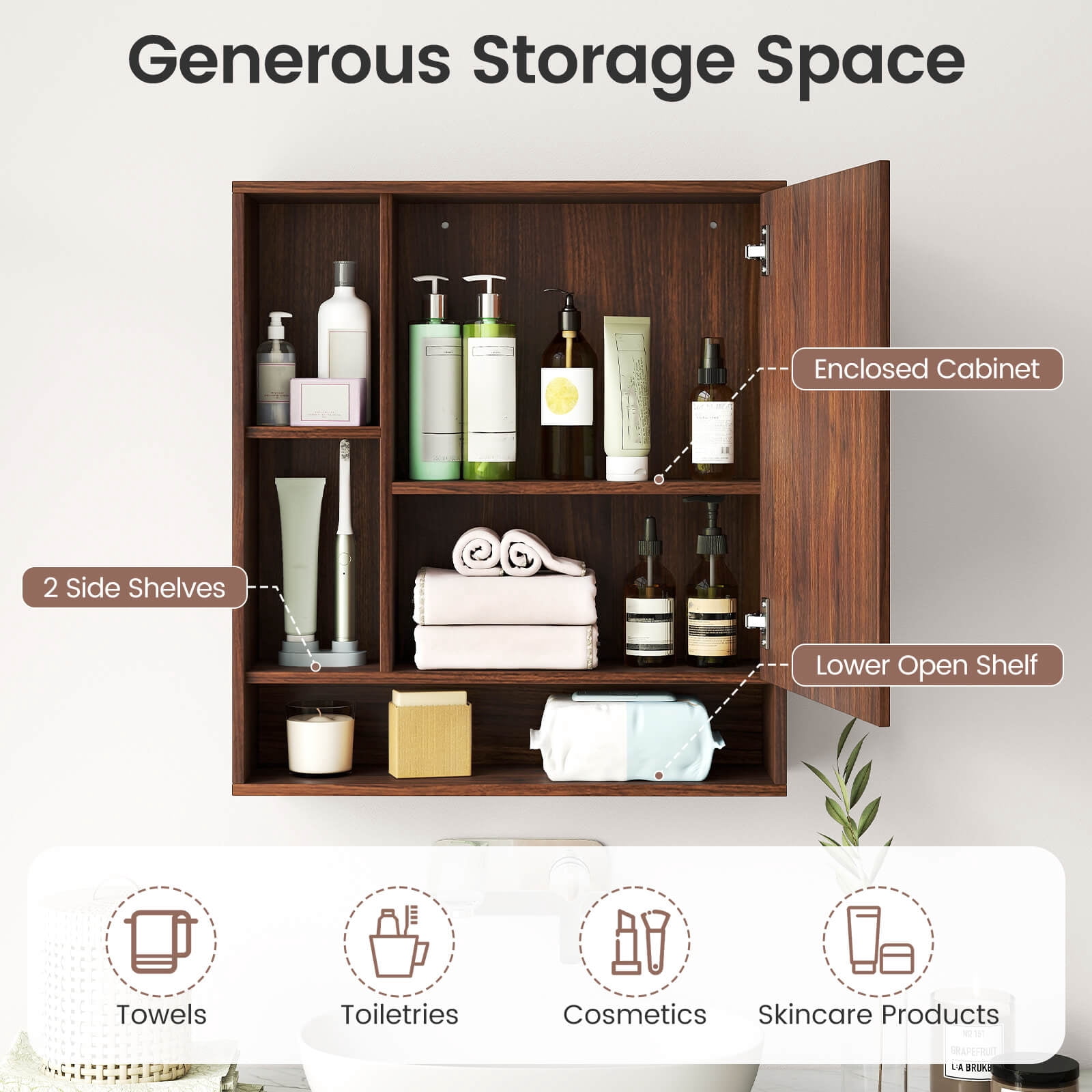 Costway Bathroom Wall Cabinet with Mirror, Single Door, 3 Open Shelves & Adjustable Shelf Walnut