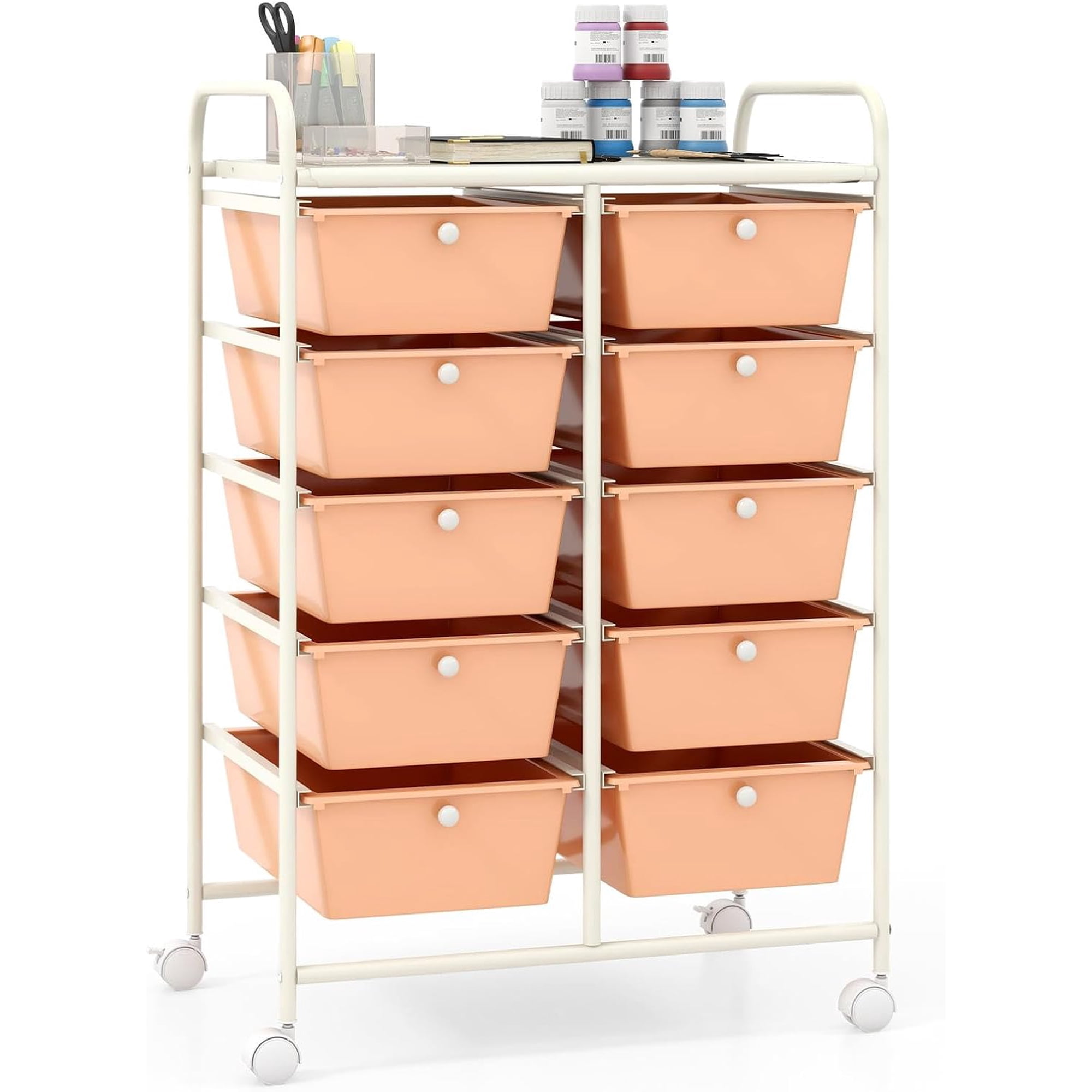 请填写 10 Drawers Storage Cart Rolling Utility Cart with Lockable Wheels Multipurpose Mobile Organizer Trolley for Home Office Stationery Beauty & Salon (Peach)