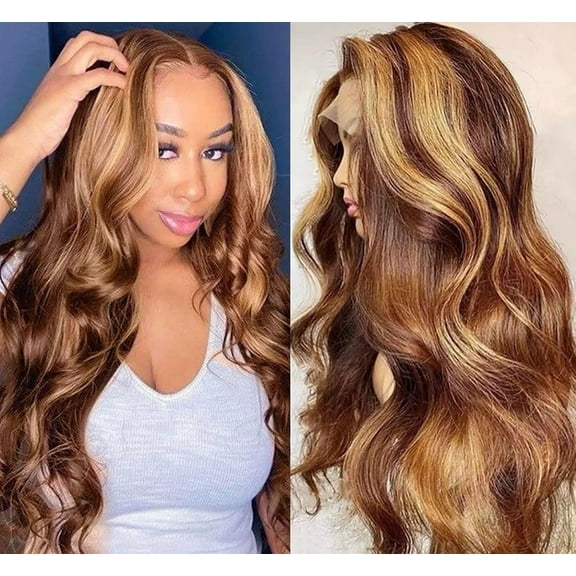 Full Frontal Lace Glueless #P4/27 Highlight piano Color BODY WAVE 200% High-Density Pre-Plucked Human Hair Wigs Long Hair, 18"-30"