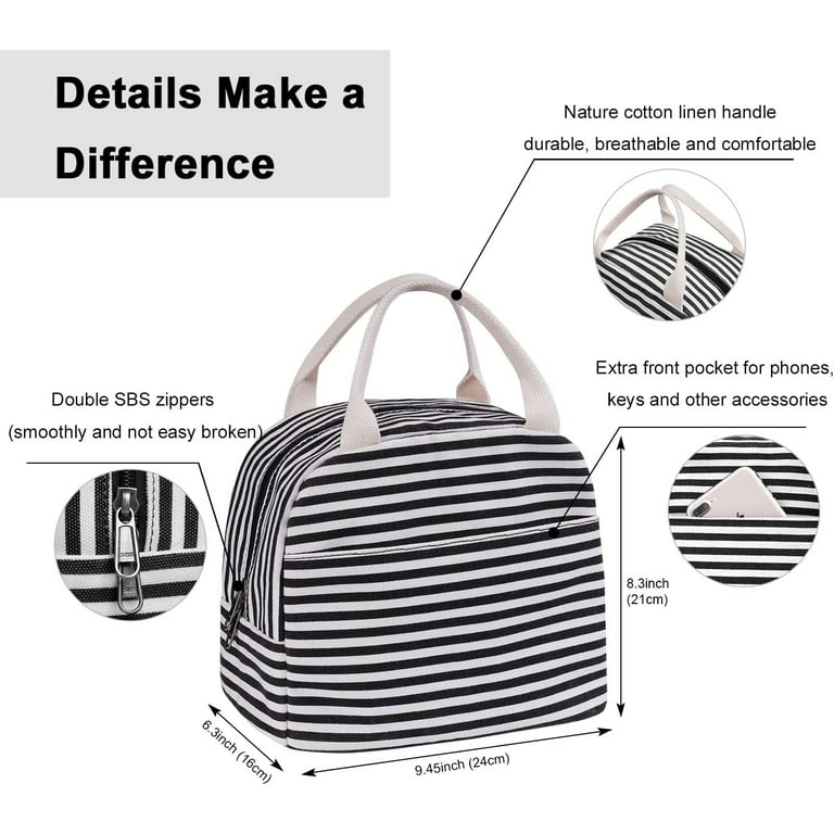 EurCross Insulated Lunch Bag for Girls School, Reusable Leak Proof Tote Lunch Box for Women Work - Black and White Strip, Women's, Size: 9.4 x 6.3 x