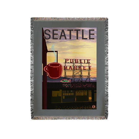 Seattle, Washington - Pike Place Market Sign & Water - Lantern Press Artwork (60x80 Woven Chenille Yarn Blanket)