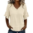 thumbnail image 3 of Women's Bohemian Raw Edge Cotton Linen Blend Short Sleeve Tunic Top Loose Fit Casual Blouse Summer Vacation Outfit Lightweight Everyday Wear Beige L, 3 of 9