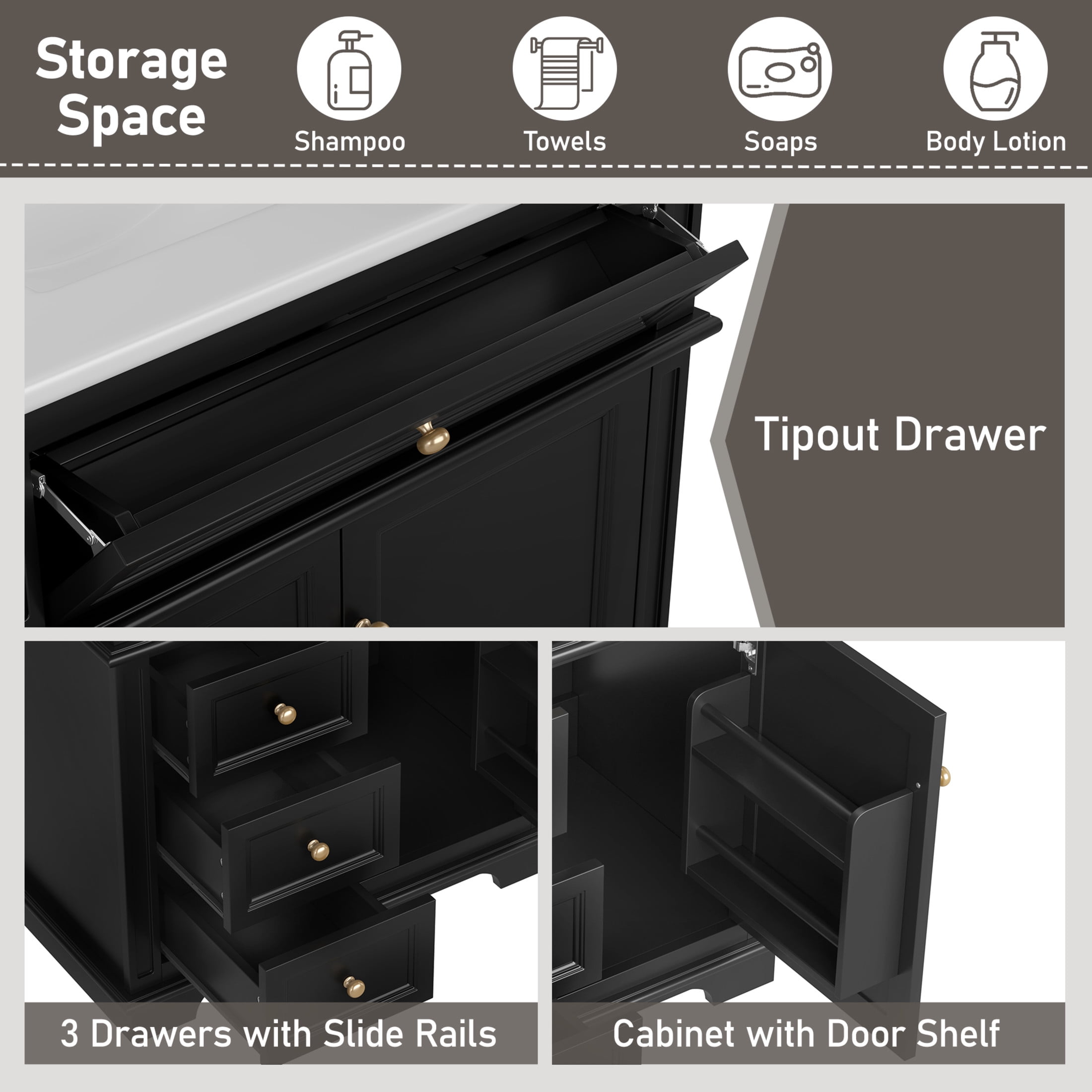 Christopher Knight Home 30" Bathroom Vanity with Sink, Soft-Close Door, Tip-out Drawer, Black
