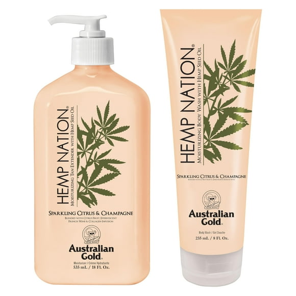 Australian Gold Hemp Nation Sparkling Citrus & Champagne Bundle - Tan Extender Body Lotion (18 FL Oz) & Body Wash (8 FL Oz), Effervescent Orange, Grapefruit & French Win