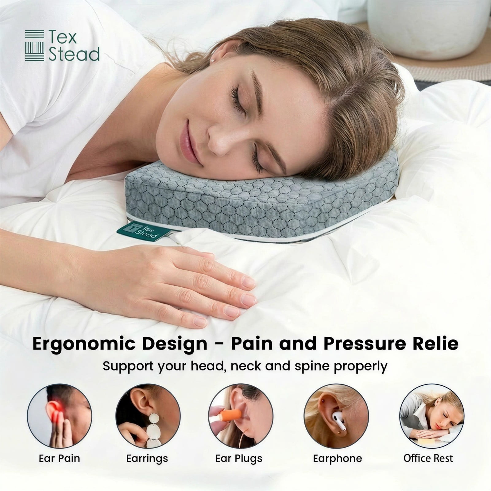 CHARRYARN by TexStead Ear Protection Pillow with Center Hole, Side-Sleeping Pillow, Soft Memory Foam Cushion, Prevents Ear Pressure & Relieves Ear Pain – Breathable & Washable Cover-9*9*2inch-gray