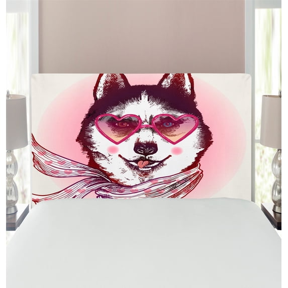 Cartoon Headboard, Hipster Husky Dog with Hearts Sunglasses and Scarf Fashion Animal Art Print, Upholstered Decorative Metal Bed Headboard with Memory Foam, Twin Size, Pink Cream Black, by Ambesonne