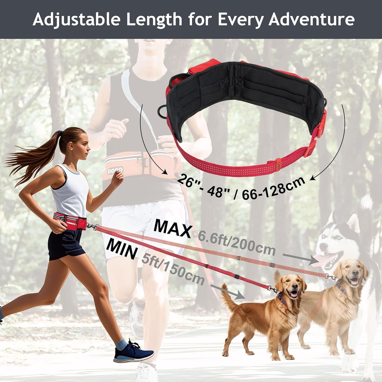 DOCO Hands Free Dog Leash (Waist 26”- 48”, Leash- 1”x 5ft) Waist Belt for Walking, Running & Hiking, Bungee with Dual Handles, Adjustable Fit, Reflective Safety Design for Large Dogs (Turquoise)