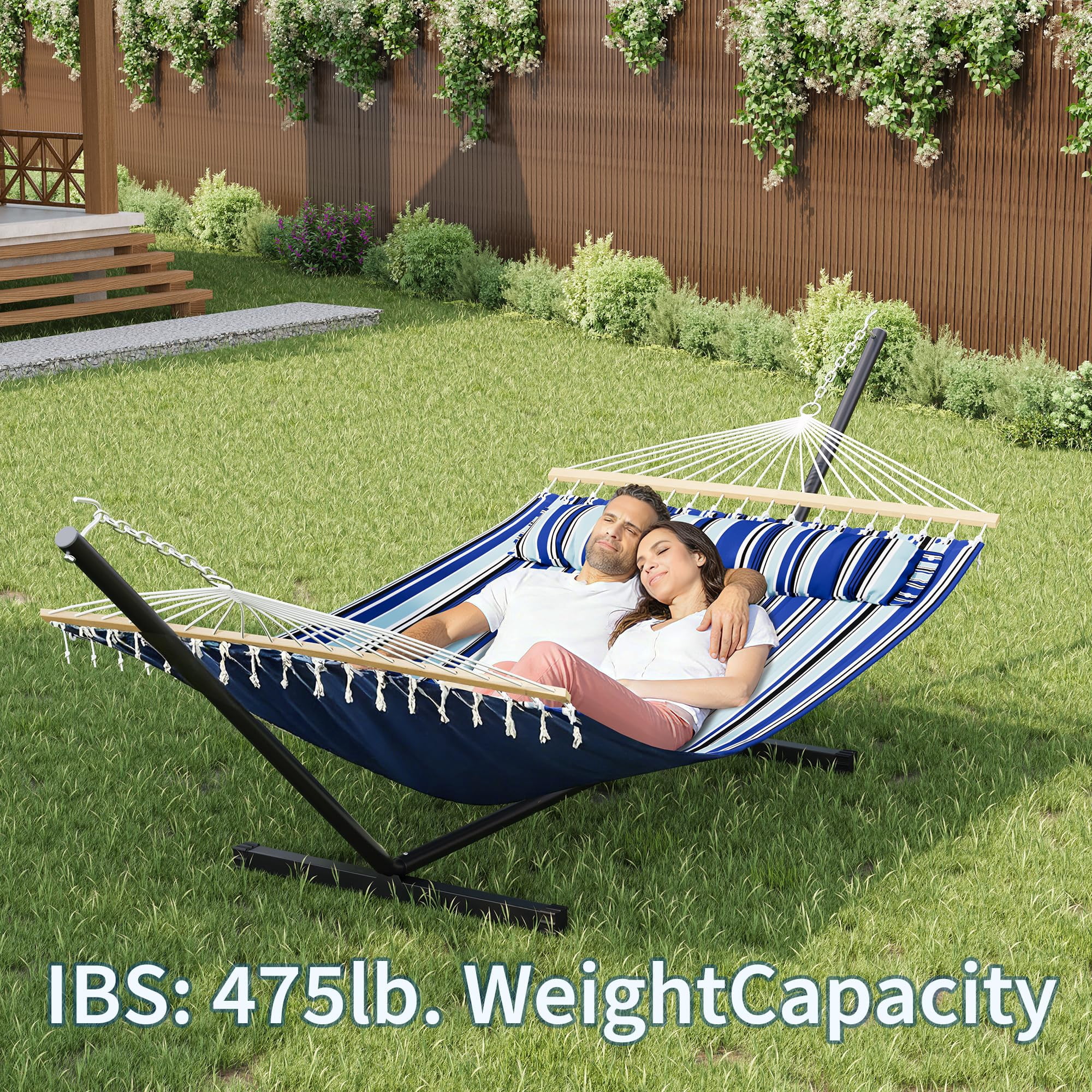 Accreate Double Hammock with Stand for 2 Person, Heavy Duty 475lb Capacity Outdoor Freestanding Hammock Bed with Steel Frame, Quilted Pillow & Carry Bag - Easy Assembly