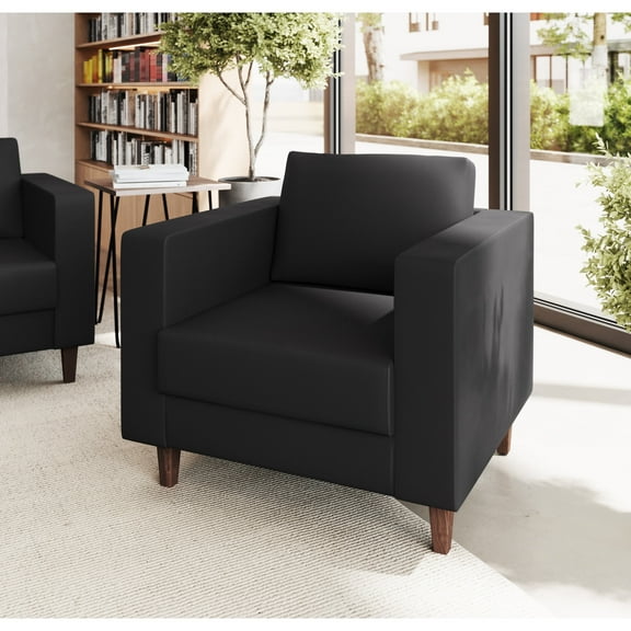 Flash Furniture Black LeatherSoft Reception Chair with 2 AC Outlets/1 USB/1 USB-C Ports and Solid Wood Walnut Legs with Adjustable Floor Glides