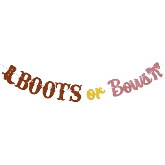 Boots or Bows Banner - Boy or Girl Sign,He or She, Western Theme Baby Shower Gender Reveal Party Decoration Brown & Rose Gold Glitter
