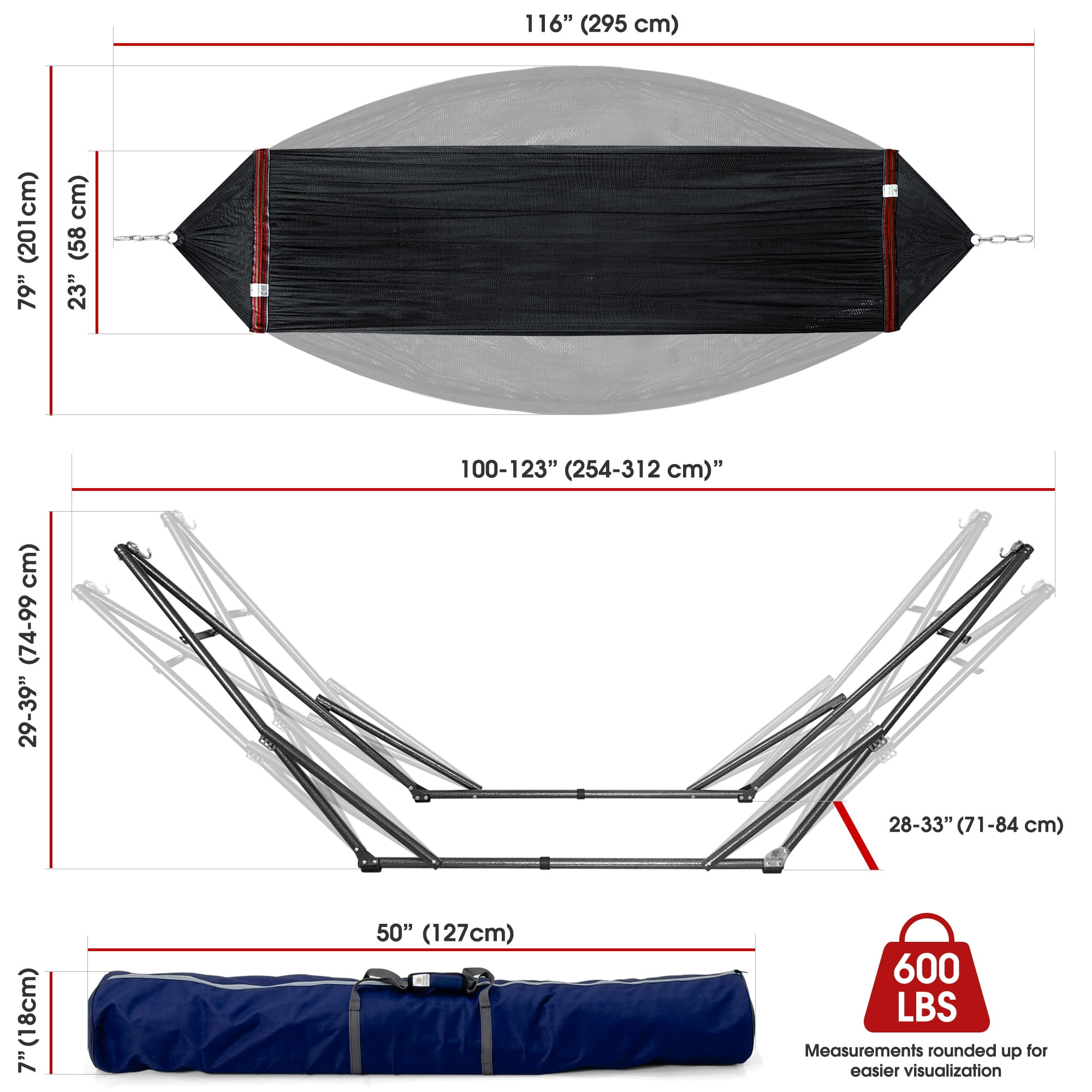 Tranquillo 600 Lbs Capacity 2-Person Adjustable Hammock Stand with Portable Easy Assembly, Black