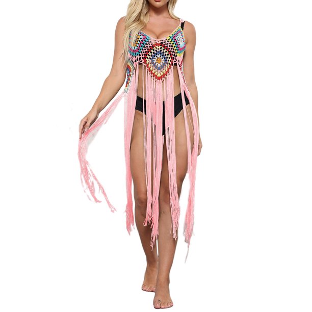 VISgogo - Bikini para mujer, sin mangas, para playa, con borlas caladas, vestido de verano VISgogo moda