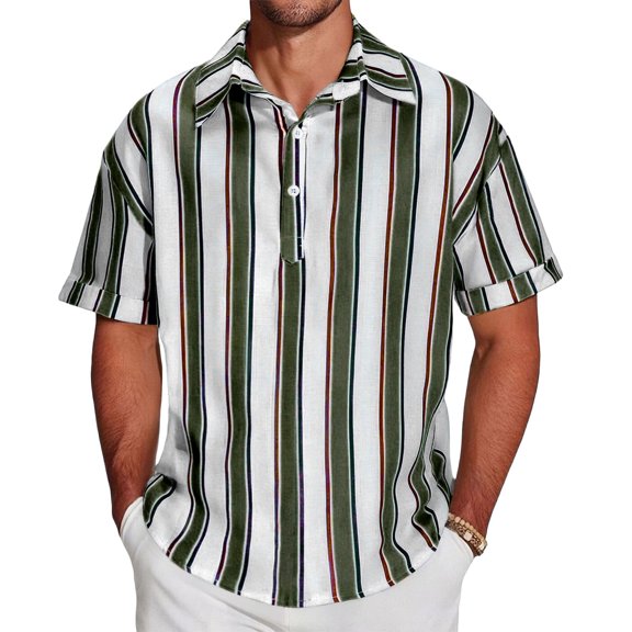 YUGYXL Men's Knit Shirts Short Sleeve Button Down Shirt Striped Casual Summer Beach Shirts Green L