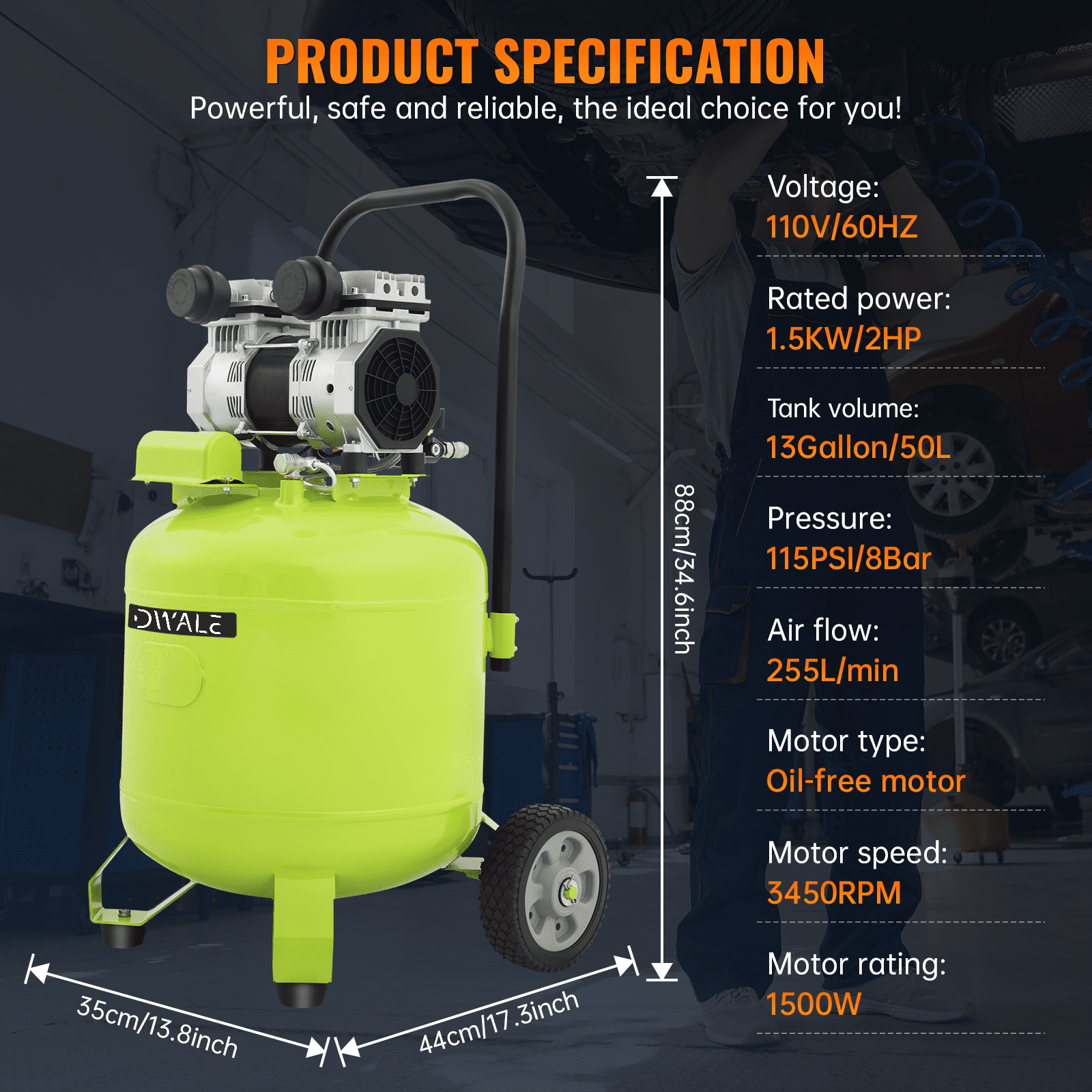13 Gallon Air Compressor,2HP 4.2SCFM @90PSI Ultra Quiet and Oil-Free Air Compressor,115PSI Max Pressure,75 dBA Noise Level,Oil Free Compressor Tank for Auto Repair, Tire Inflation, Spray Painting