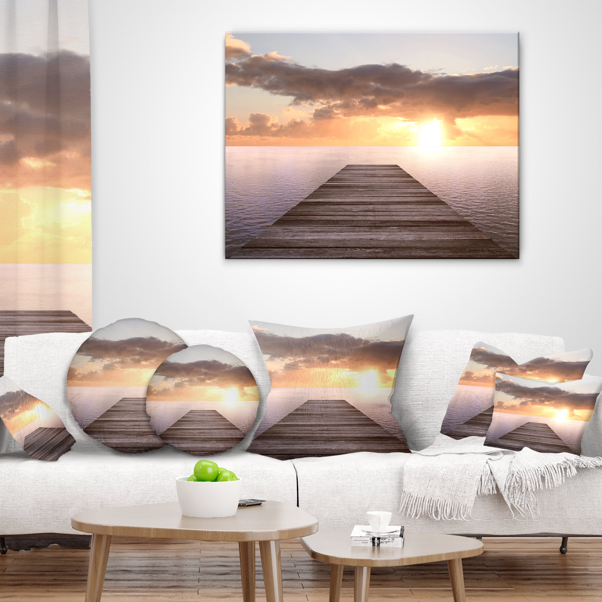 Designart Yellow Sea and Brown Pier - Seascape Throw Pillow - 12x20