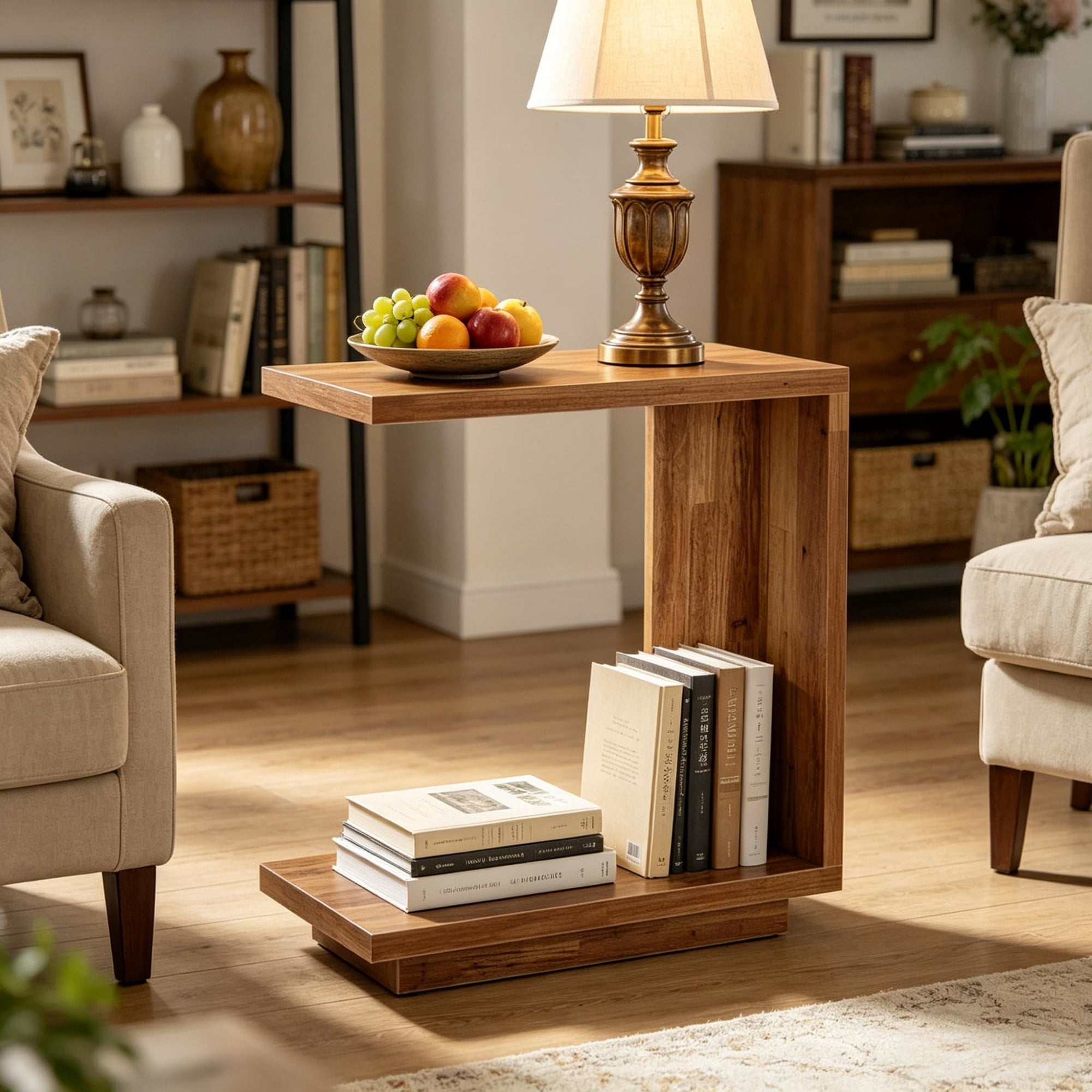 End Table, C-Shaped Side Table with 2 Open Shelves