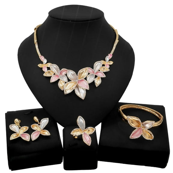 Wedding Jewelry Set For Women - Women's Hugs & Kisses 18k Gold Plated 4 Pieces Necklace Set - Flowers Charm Necklace - Includes a Necklace Bracelet Ring Earrings