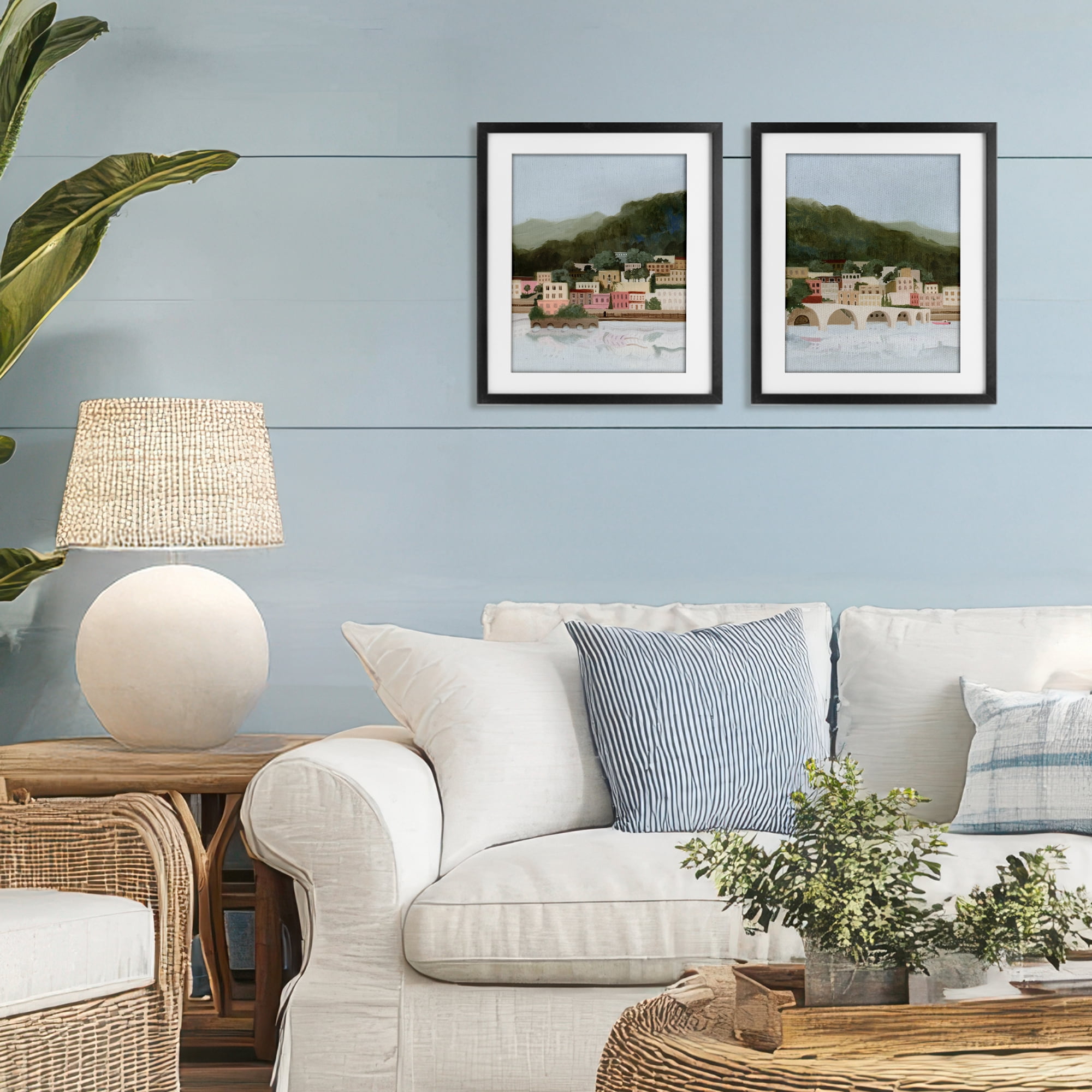 Stupell Industries Mountain Town by Sea 2 Piece Black Framed Print Under Glass Set, design by Grace Popp